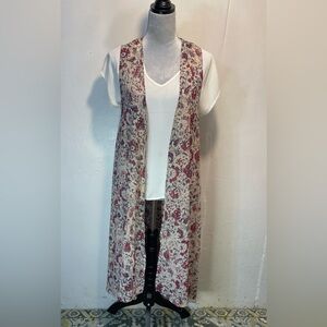 #0227 Mossimo Blue/Dark Red/Tan Floral Long Kimono Vest. High-Low from side-S